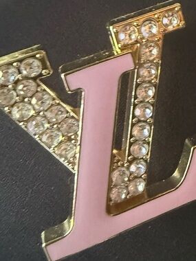 Designer-Inspired Pink Enamel and Gold Crystal Initial Brooch